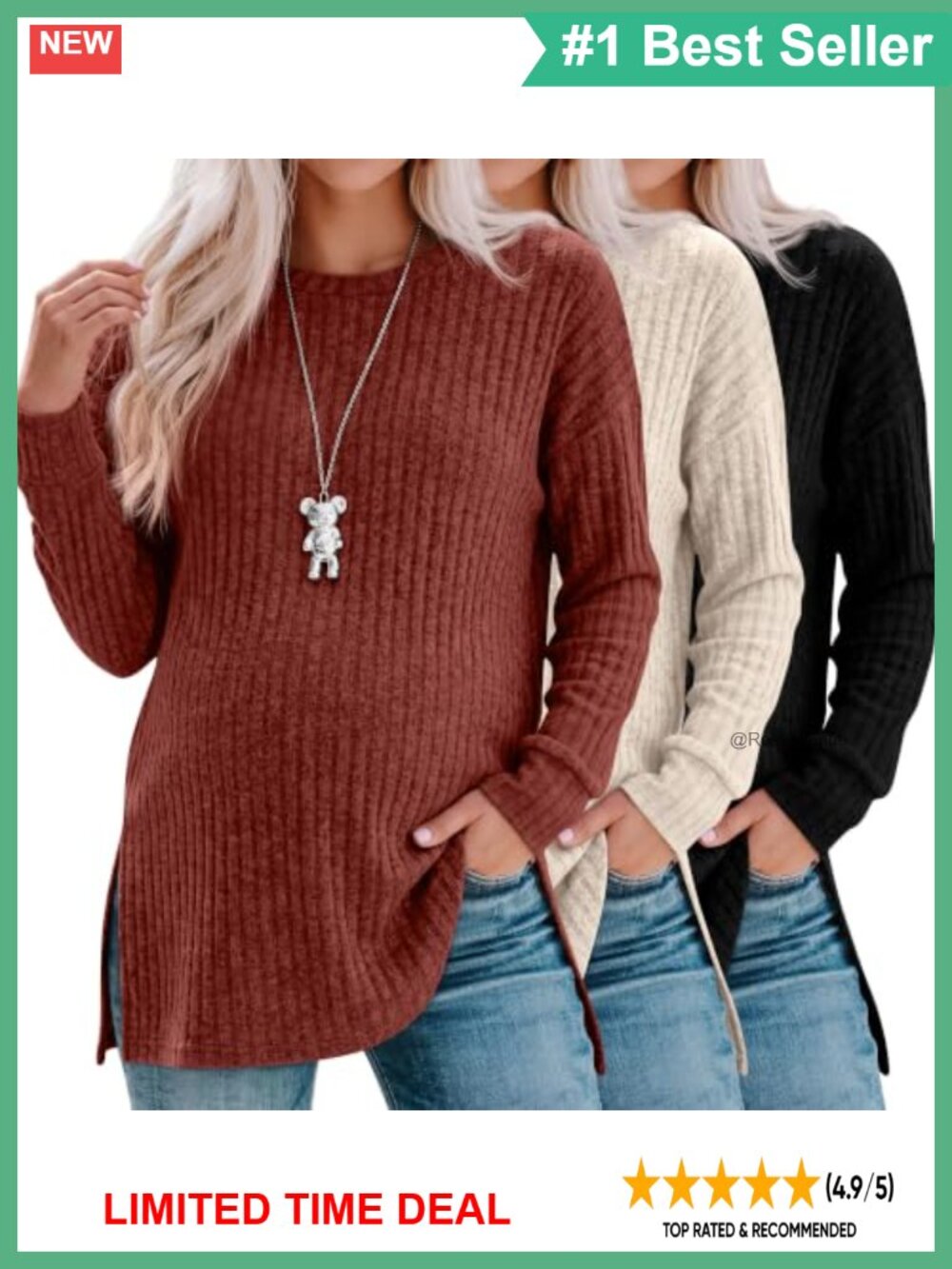 Maternity Long Sleeve Ribbed Knit Sweater Pullover Split Side Tunic Top